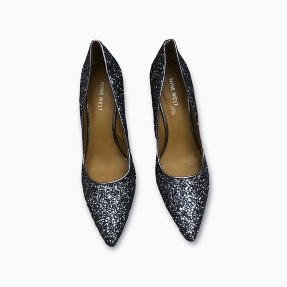 Womens Nine West Chrome/Silver Sequin Glitter Pointed Toe Stiletto Heel Pumps - Picture 3 of 8